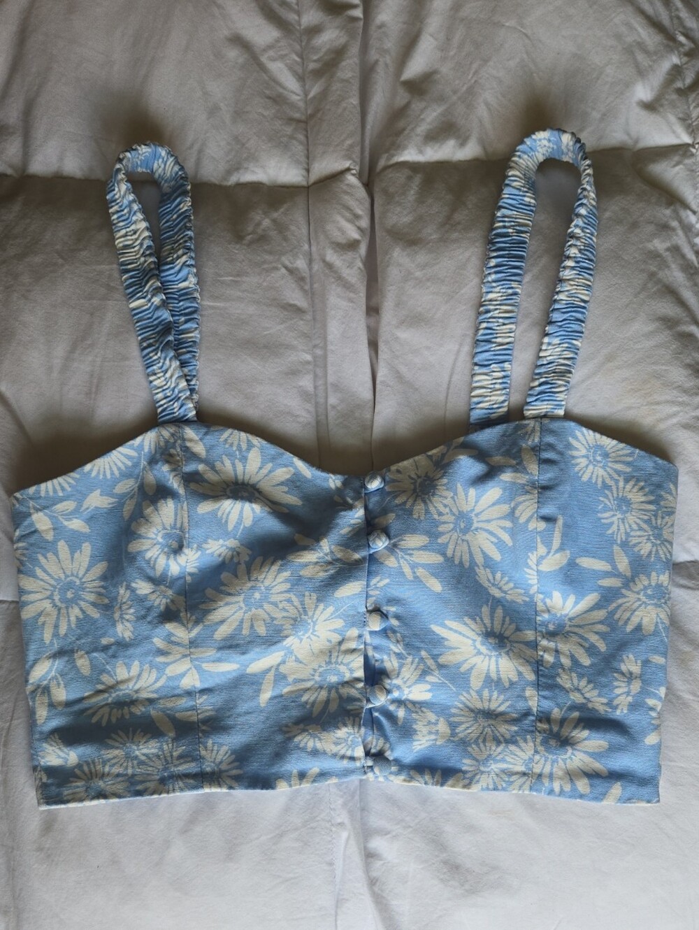 Blue Floral Button-Front Crop Top